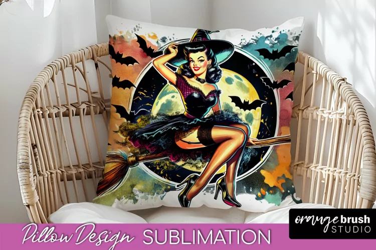 Halloween Witch Pillow Cover - Retro Pillow Sublimation PNG