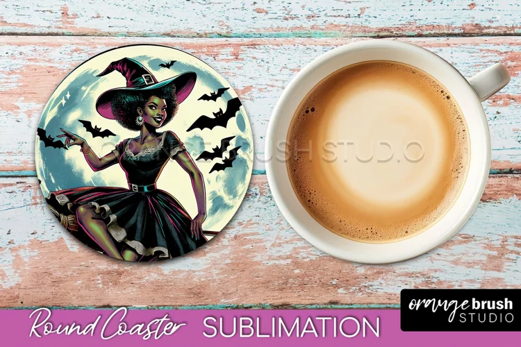 Halloween Witch Round Coaster, Retro Coaster Sublimation PNG