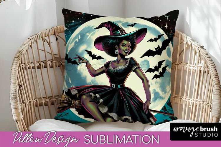 Halloween Witch Pillow Cover - Retro Pillow Sublimation PNG