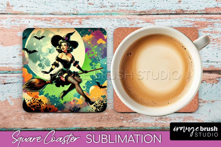Halloween Witch Square Coaster, Retro Coaster Sublimation