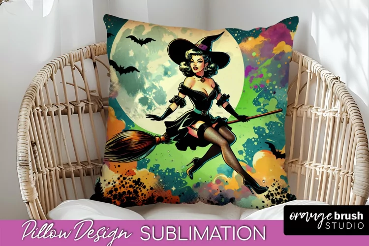 Halloween Witch Pillow Cover - Retro Pillow Sublimation PNG