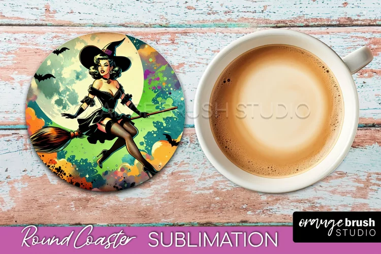 Halloween Witch Round Coaster, Retro Coaster Sublimation PNG