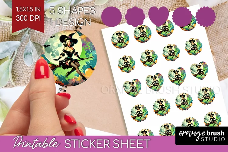 Witch Round Sticker - Retro Halloween Printable Sticker