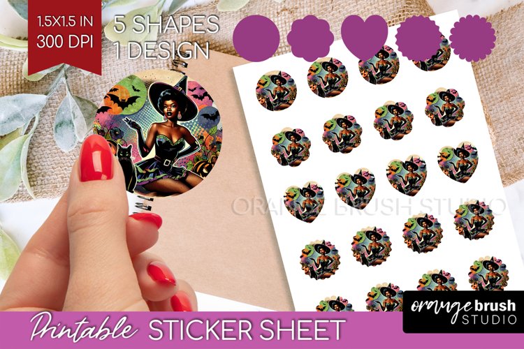 Witch Round Sticker - Retro Halloween Printable Sticker