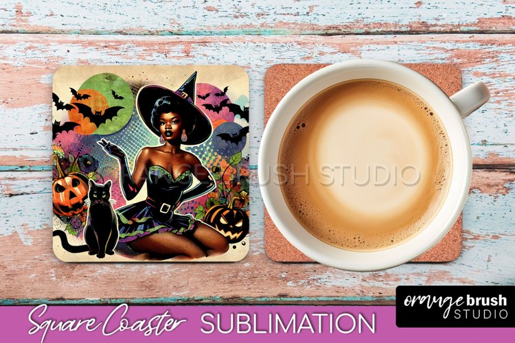 Halloween Witch Square Coaster, Retro Coaster Sublimation example image 1