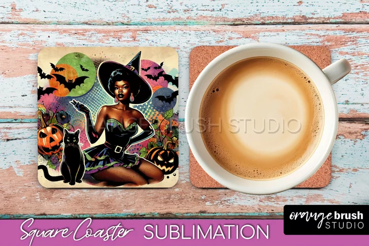 Halloween Witch Square Coaster, Retro Coaster Sublimation