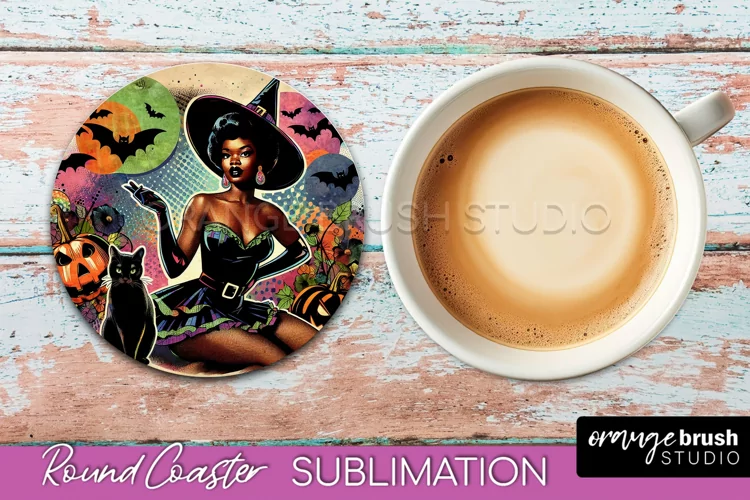 Halloween Witch Round Coaster, Retro Coaster Sublimation PNG