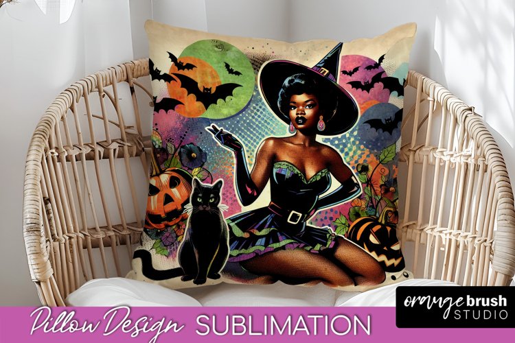 Halloween Witch Pillow Cover - Retro Pillow Sublimation PNG