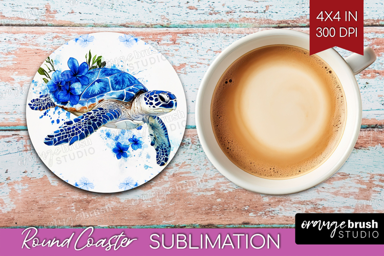 Sea Turtle Floral Round Coaster Blue Flowers Coaster PNG
