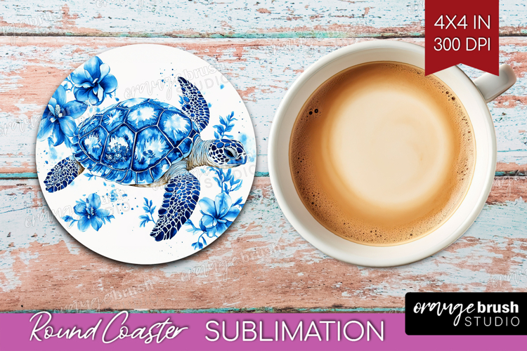 Sea Turtle Floral Round Coaster Blue Flowers Coaster PNG