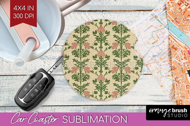 Vintage Flowers Car Coaster - Floral Coaster PNG Sublimation
