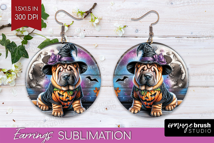Shar Pei Dog Round Earrings Halloween PNG Sublimation