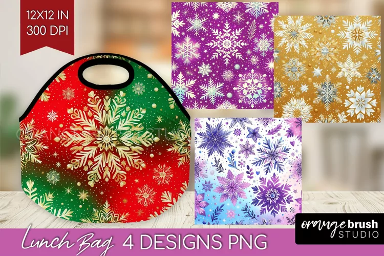 Snowflakes Lunch Bag - Christmas Lunch Bug PNG Sublimation