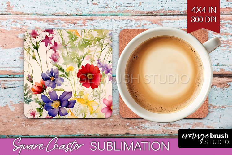 Spring Flowers Square Coaster - Floral Coaster PNG