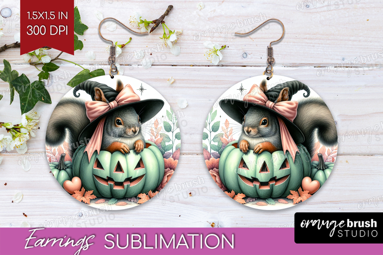 Squirrel Halloween Round Earrings Coquette PNG Sublimation