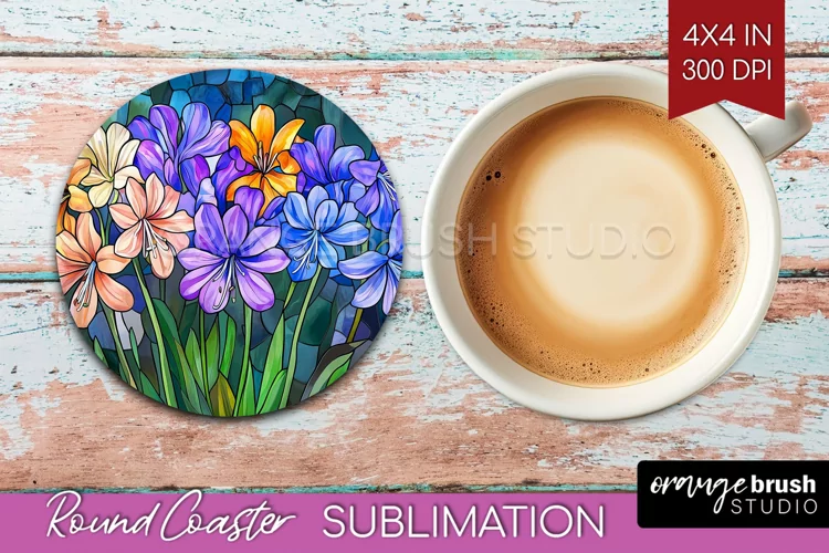 Stained Glass Flowers Round Coaster - Floral Coaster PNG