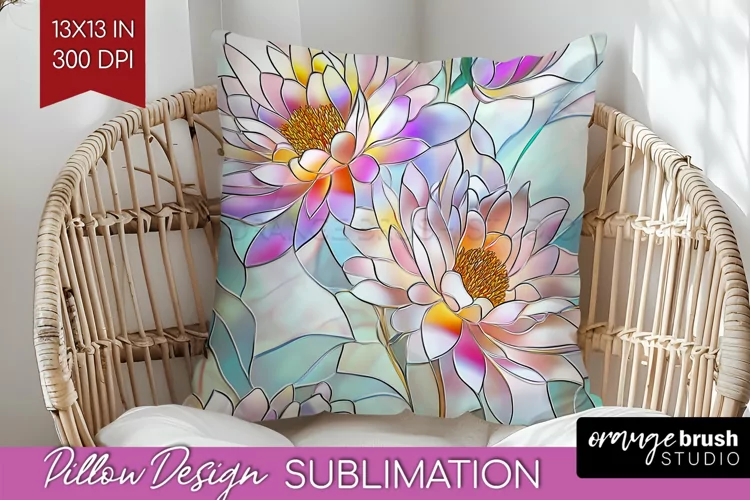 Stained Glass Flowers Pillow Sublimation - Floral Pillow PNG