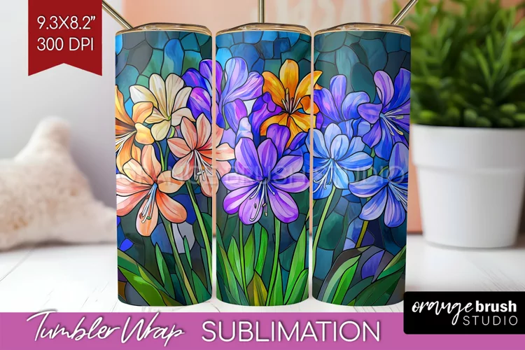 Stained Glass Flowers Tumbler Wrap - Floral Tumbler PNG
