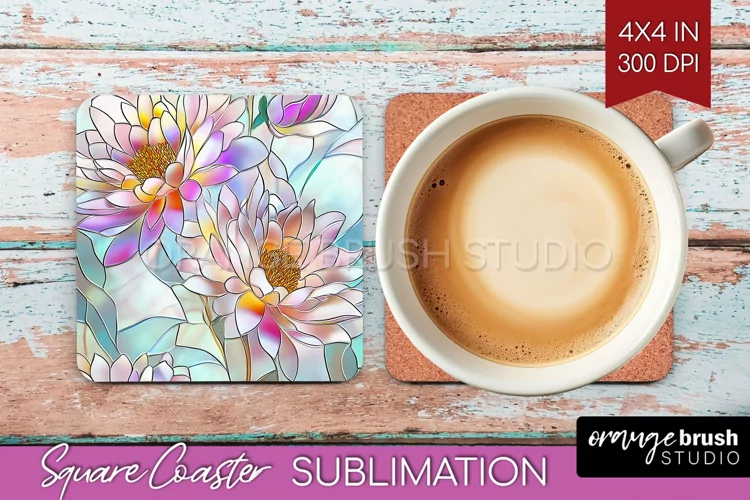 Stained Glass Flowers Square Coaster - Floral Coaster PNG
