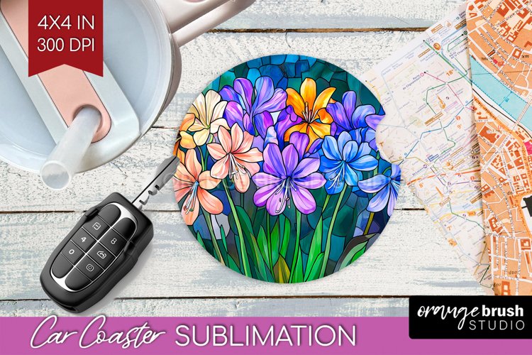 Stained Glass Flowers Car Coaster - Floral Coaster PNG