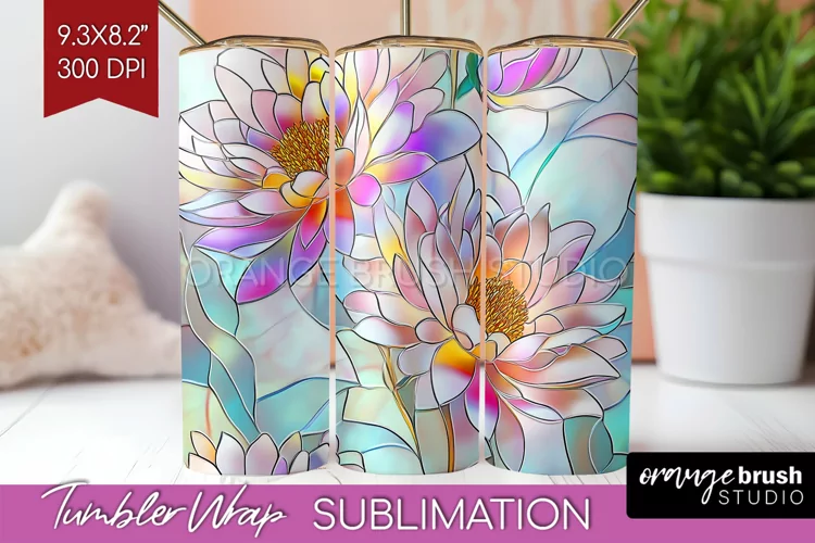 Stained Glass Flowers Tumbler Wrap - Floral Tumbler PNG
