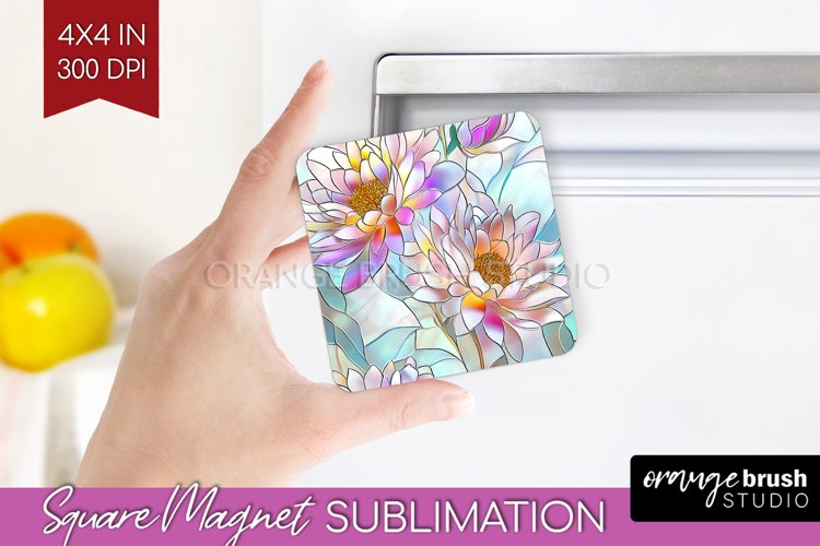 Stained Glass Flowers Magnet Sublimation - Floral Square PNG