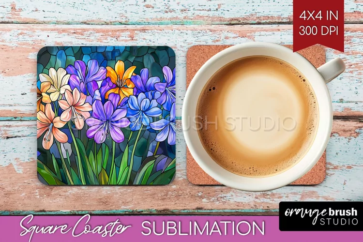 Stained Glass Flowers Square Coaster - Floral Coaster PNG