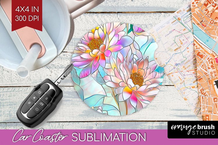 Stained Glass Flowers Car Coaster - Floral Coaster PNG
