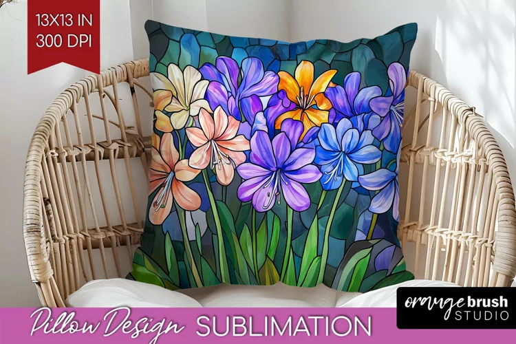 Stained Glass Flowers Pillow Sublimation - Floral Pillow PNG