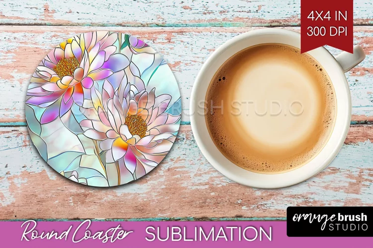 Stained Glass Flowers Round Coaster - Floral Coaster PNG