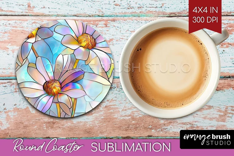 Stained Glass Flowers Round Coaster - Floral Coaster PNG
