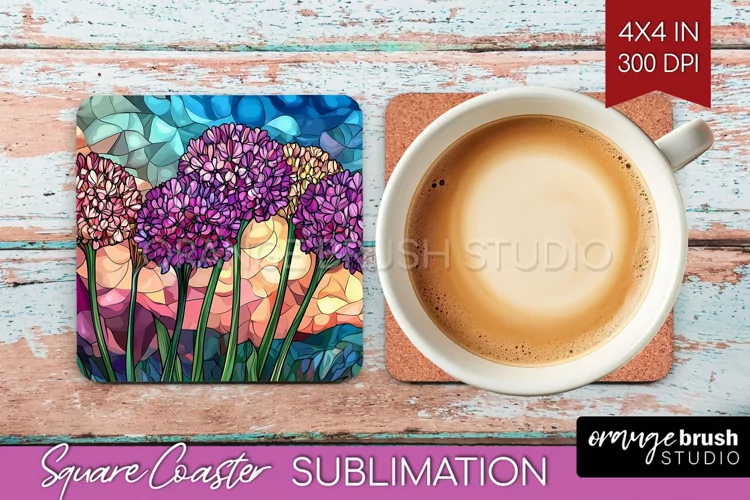 Stained Glass Flowers Square Coaster - Floral Coaster PNG