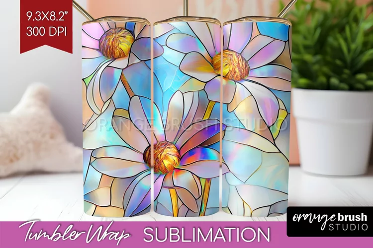 Stained Glass Flowers Tumbler Wrap - Floral Tumbler PNG