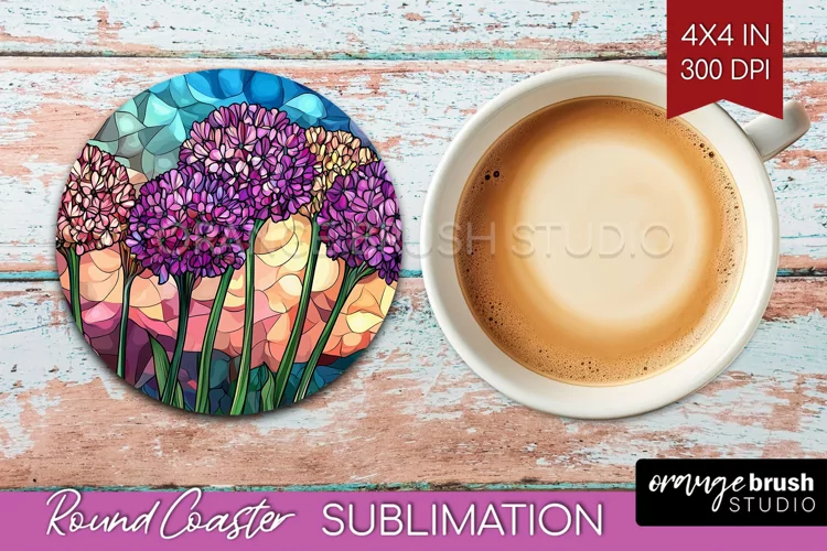 Stained Glass Flowers Round Coaster - Floral Coaster PNG