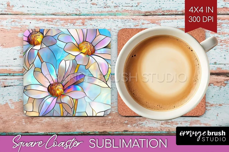 Stained Glass Flowers Square Coaster - Floral Coaster PNG
