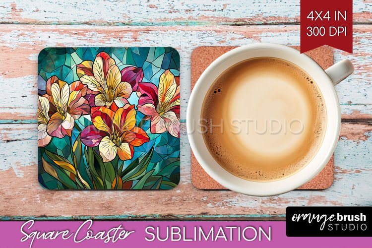 Stained Glass Flowers Square Coaster - Floral Coaster PNG example image 1