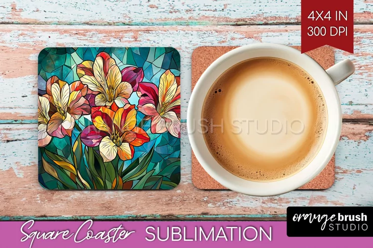 Stained Glass Flowers Square Coaster - Floral Coaster PNG