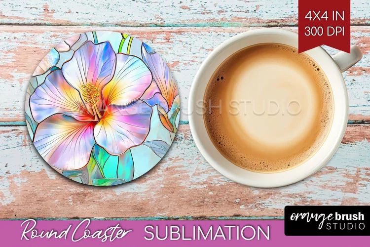 Stained Glass Flowers Round Coaster - Floral Coaster PNG