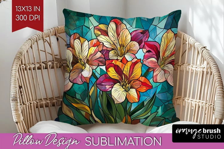 Stained Glass Flowers Pillow Sublimation - Floral Pillow PNG