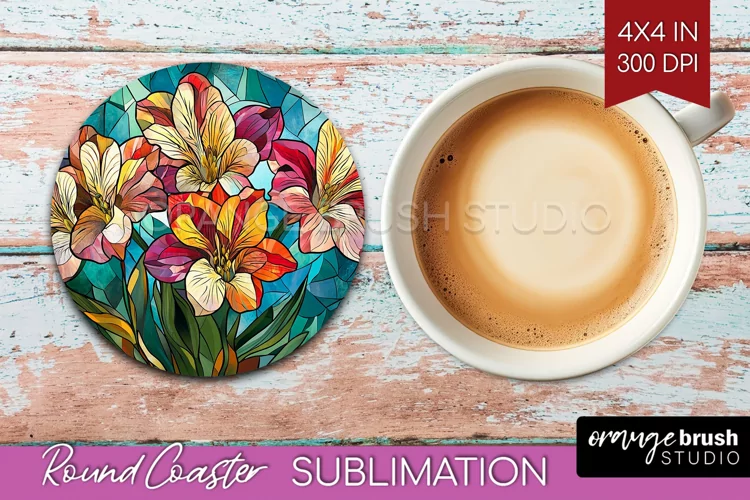 Stained Glass Flowers Round Coaster - Floral Coaster PNG