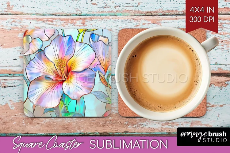 Stained Glass Flowers Square Coaster - Floral Coaster PNG