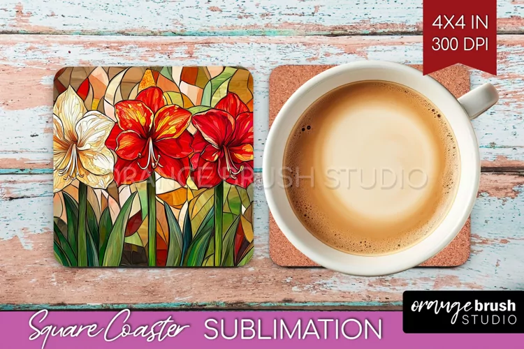 Stained Glass Flowers Square Coaster - Floral Coaster PNG