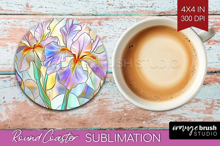Stained Glass Flowers Round Coaster - Floral Coaster PNG