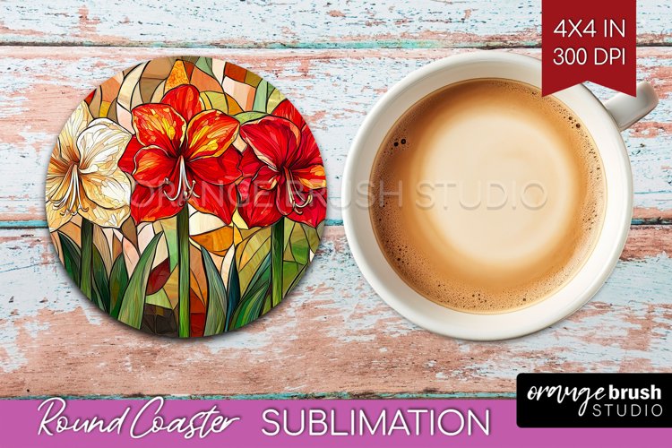 Stained Glass Flowers Round Coaster - Floral Coaster PNG example image 1