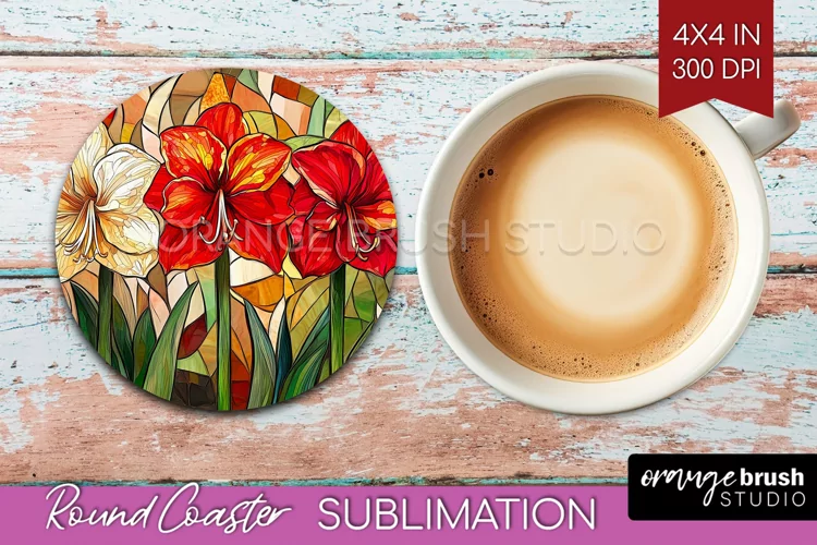 Stained Glass Flowers Round Coaster - Floral Coaster PNG