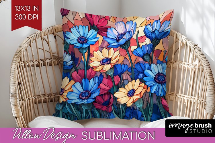 Stained Glass Flowers Pillow Sublimation - Floral Pillow PNG example image 1