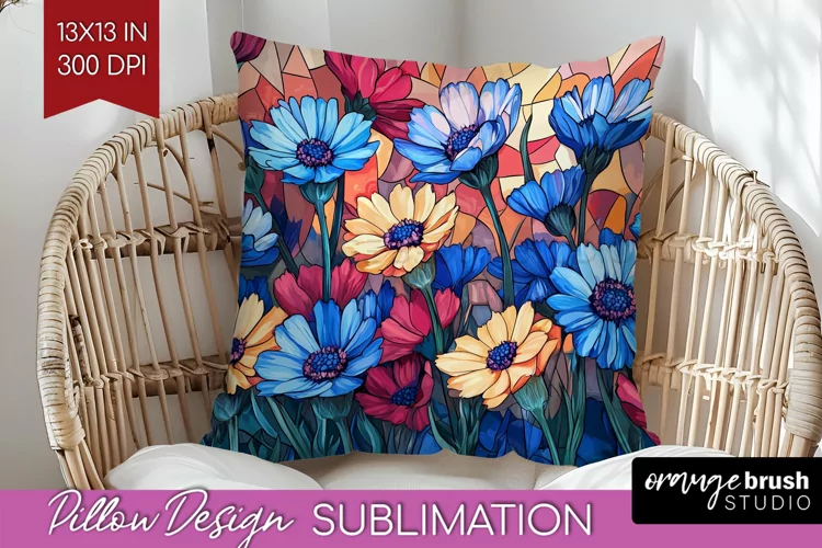 Stained Glass Flowers Pillow Sublimation - Floral Pillow PNG