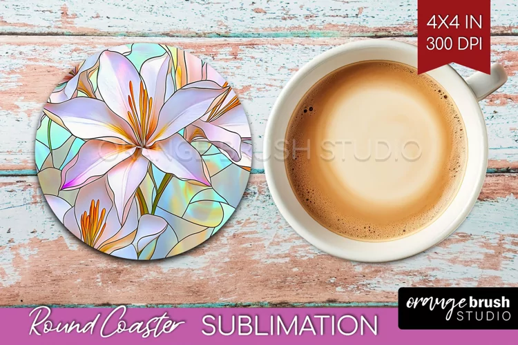 Stained Glass Flowers Round Coaster - Floral Coaster PNG