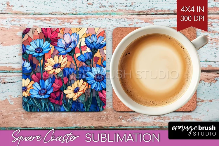 Stained Glass Flowers Square Coaster - Floral Coaster PNG
