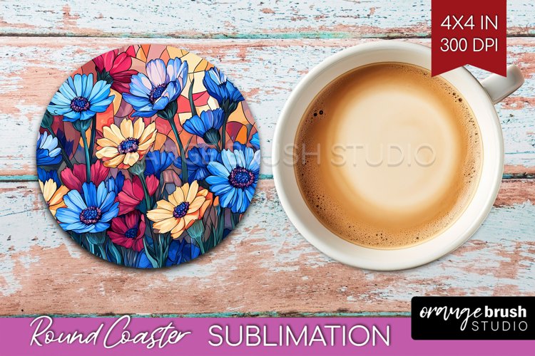 Stained Glass Flowers Round Coaster - Floral Coaster PNG